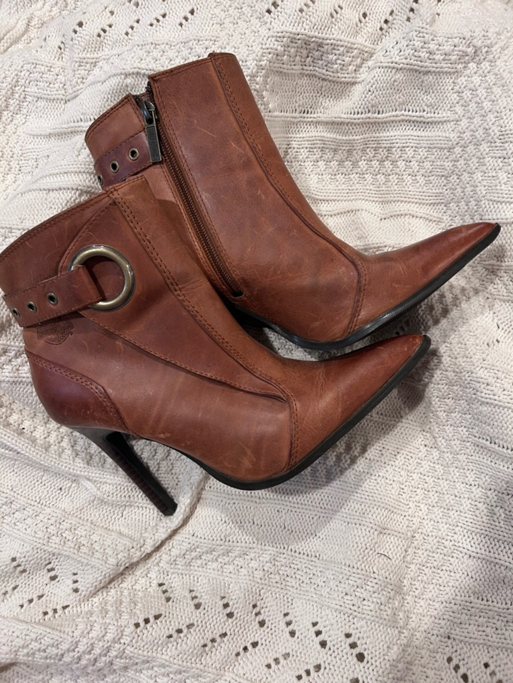 Harley-Davidson Brown Leather Pointed-Toe Stiletto Ankle Boots
